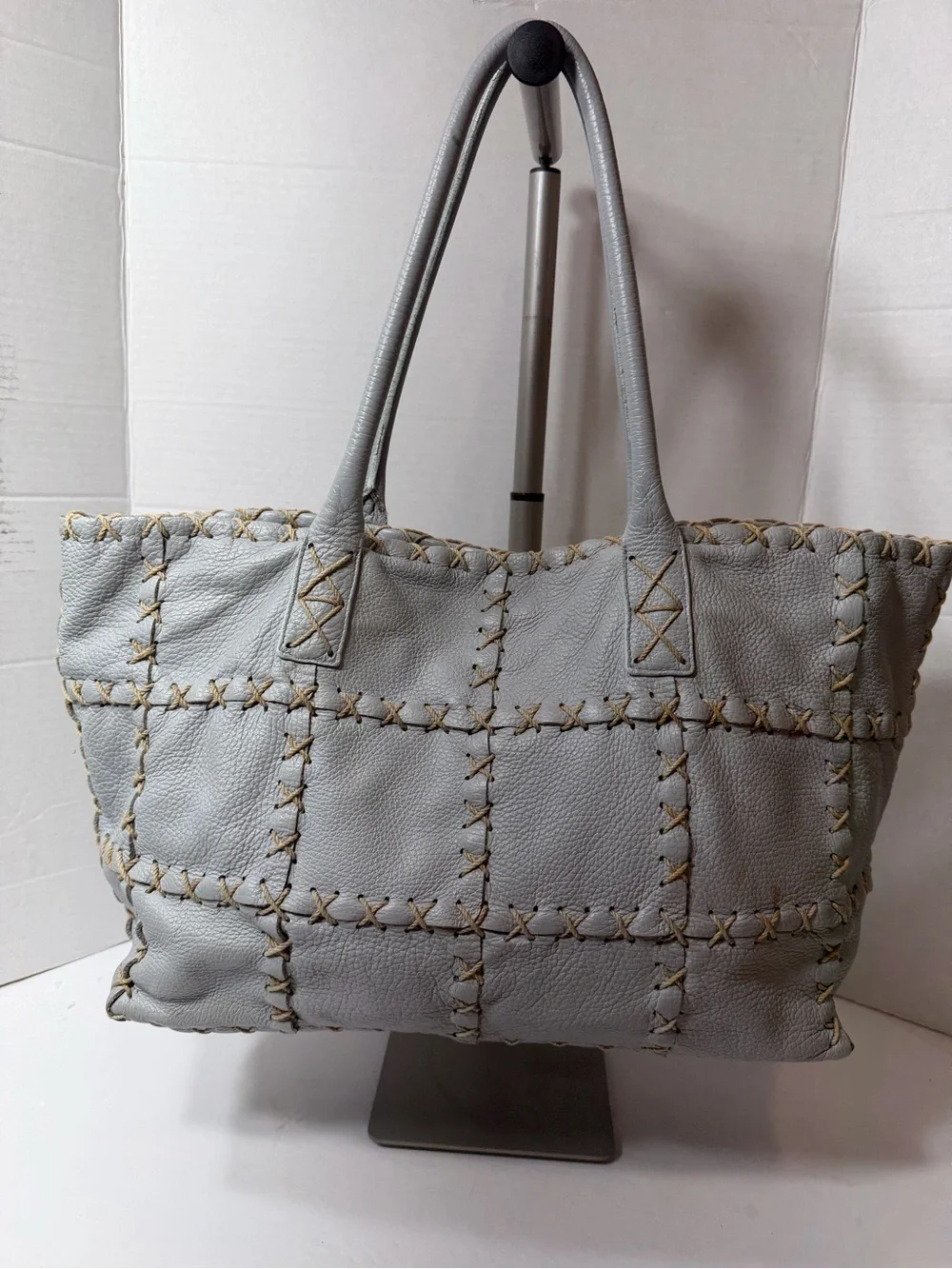 BERGE ITALY LEATHER SQUARE STITCH PURSE PALE BLUE HOBO - Picture 4 of 7